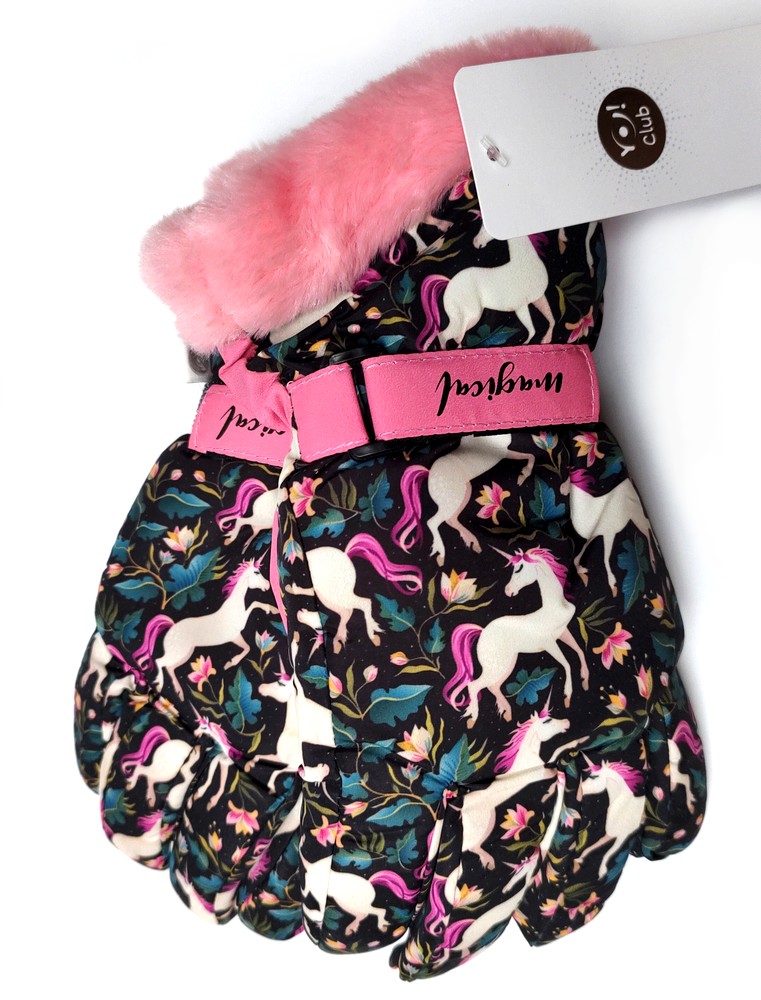 Dívčí šusťákové rukavice s jednorožci a kožešinou